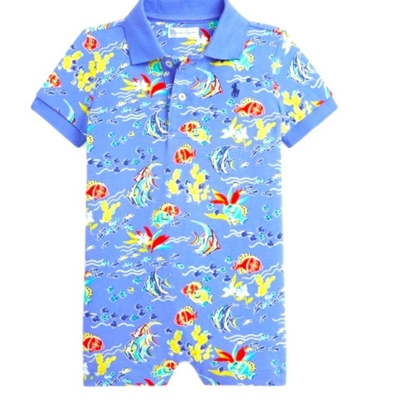Ralph Lauren blue cotton mesh polo short all with fishes. Size 6 months. NWT. - Picture 1 of 2